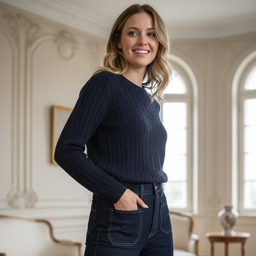 PURE COTTON NAVY CREW NECK CABLE KNIT SWEATER BY NAIS PARIS - Picture 3 of 4